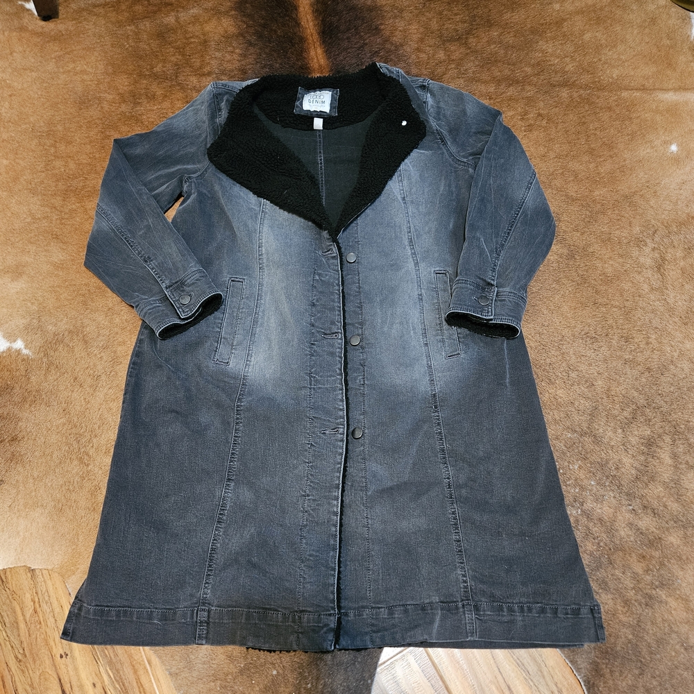 Denim Trench Sherpa Trim Black Gray Washed 14 Lg XL LOGO